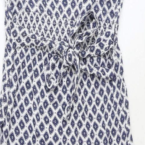 Fat Face Womens Blue Geometric Viscose Tank Dress Size 14 Round Neck Button