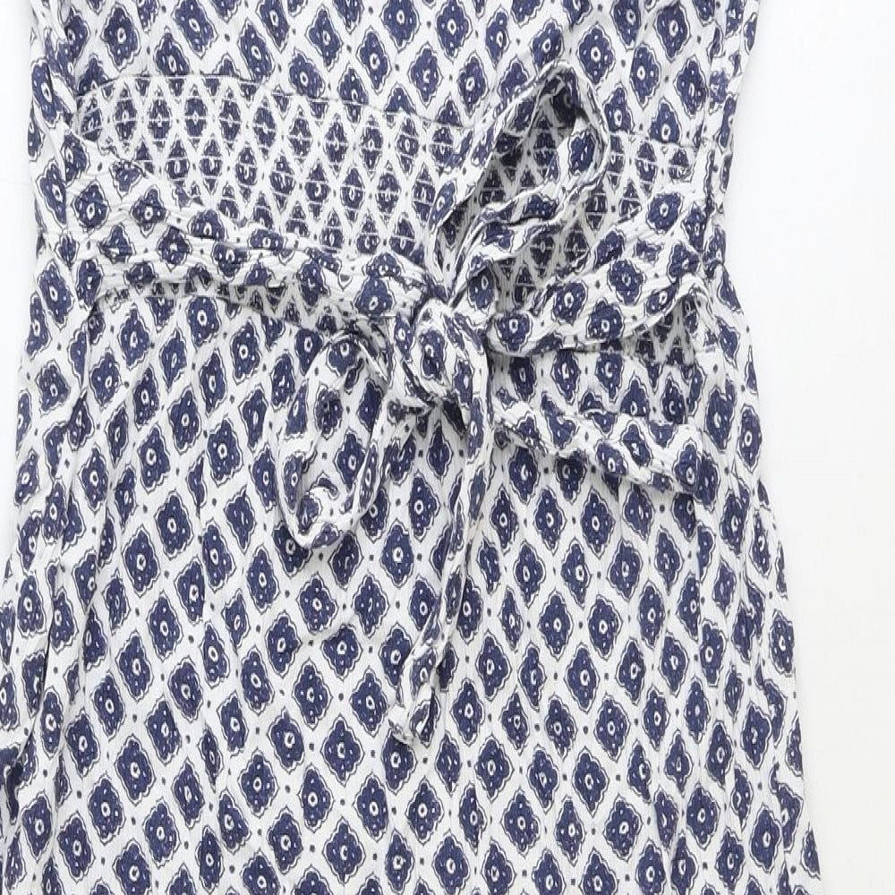 Fat Face Womens Blue Geometric Viscose Tank Dress Size 14 Round Neck Button
