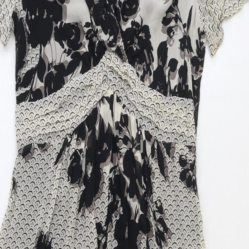 Marks and Spencer Womens Beige Geometric Polyester Fit & Flare Size 12 V-Neck Zip