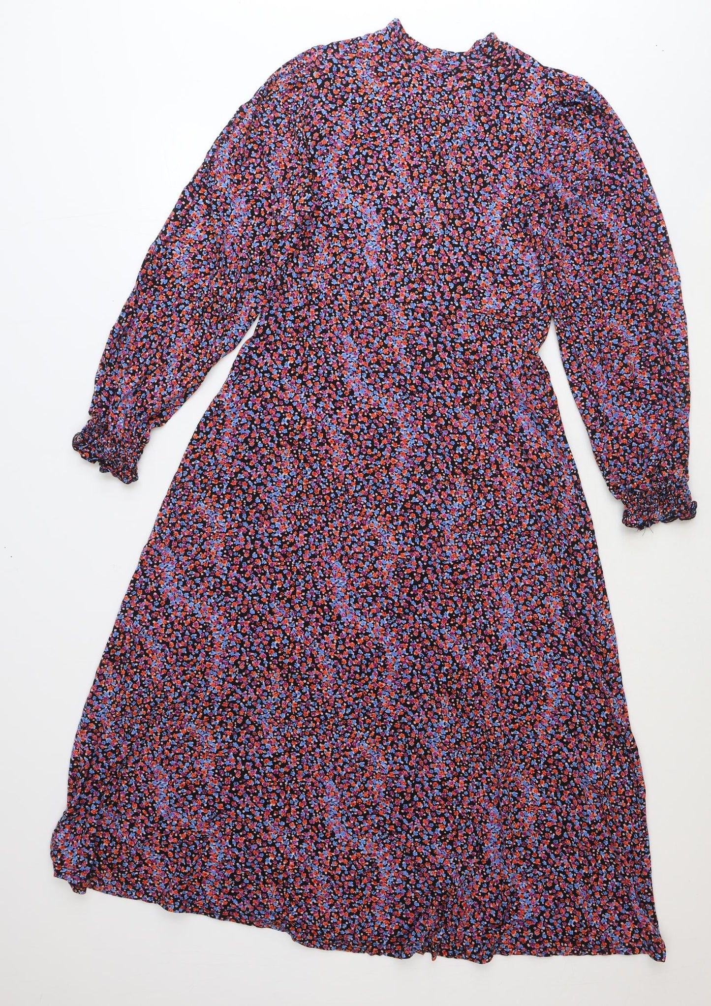 M&Co Womens Multicoloured Floral Viscose Fit & Flare Size 10 Mock Neck Button