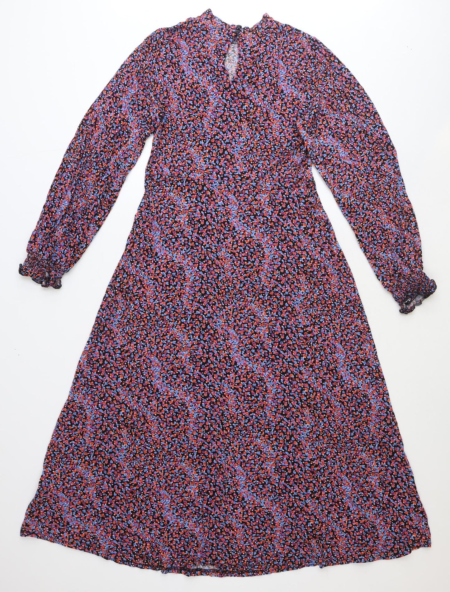 M&Co Womens Multicoloured Floral Viscose Fit & Flare Size 10 Mock Neck Button