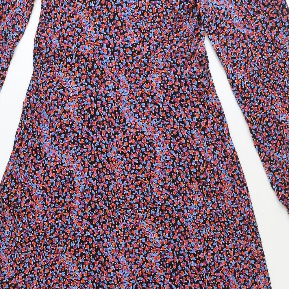 M&Co Womens Multicoloured Floral Viscose Fit & Flare Size 10 Mock Neck Button