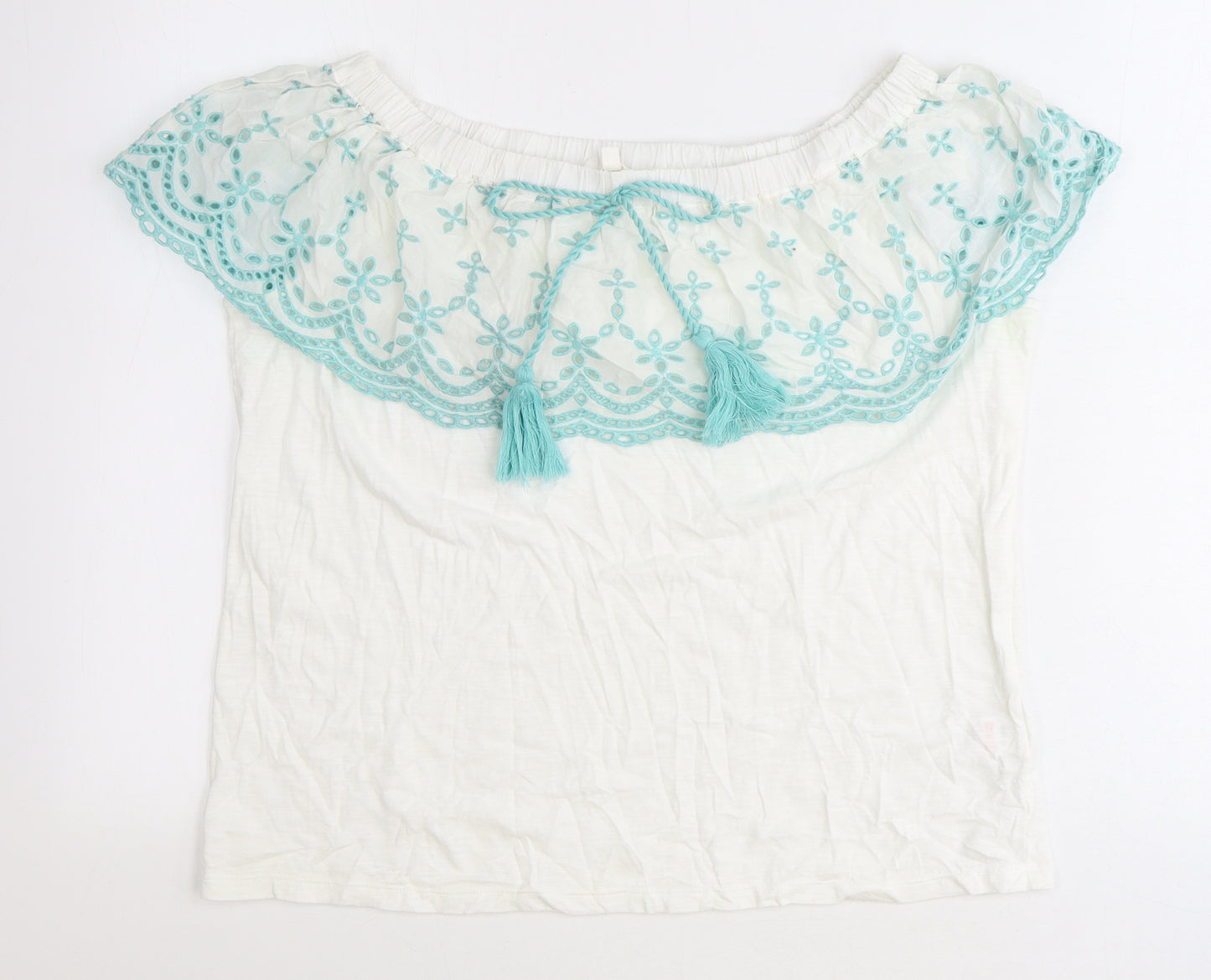 Falmer Heritage Womens White Geometric Cotton Basic Blouse Size 12 Off the Shoulder - Anglaise Detail