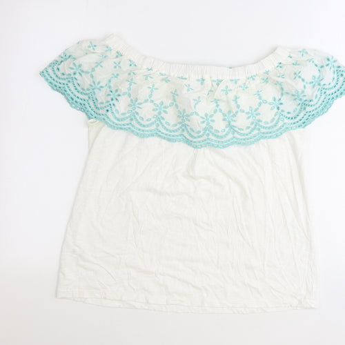 Falmer Heritage Womens White Geometric Cotton Basic Blouse Size 12 Off the Shoulder - Anglaise Detail