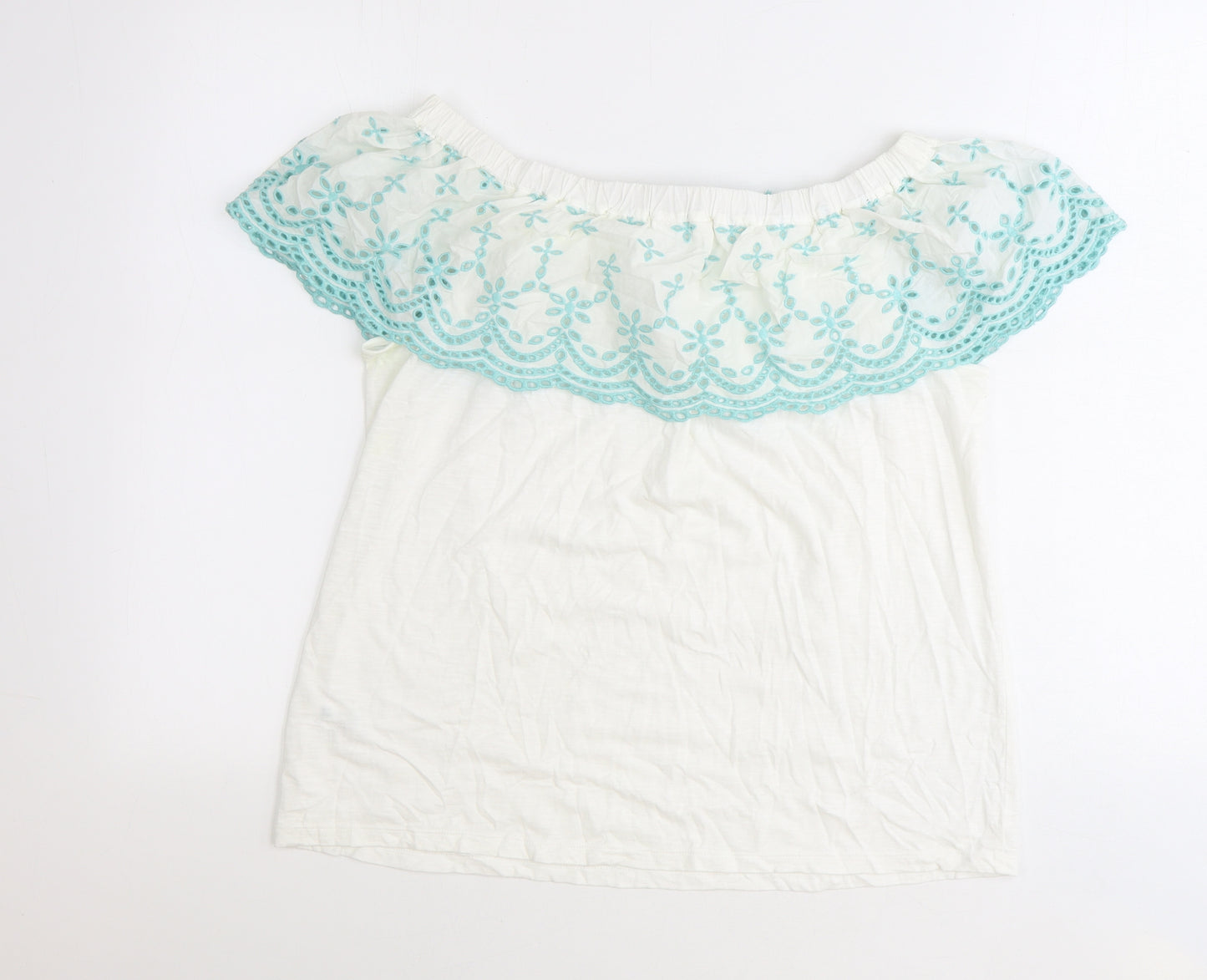 Falmer Heritage Womens White Geometric Cotton Basic Blouse Size 12 Off the Shoulder - Anglaise Detail