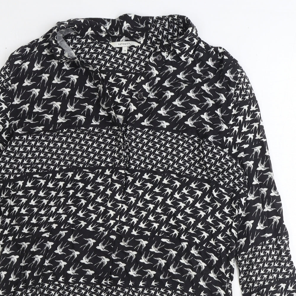 Sandwich Womens Black Geometric Viscose Basic Button-Up Size 6 V-Neck