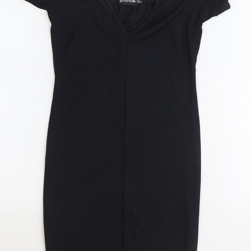 PRETTYLITTLETHING Womens Black Polyester A-Line Size 10 V-Neck Pullover