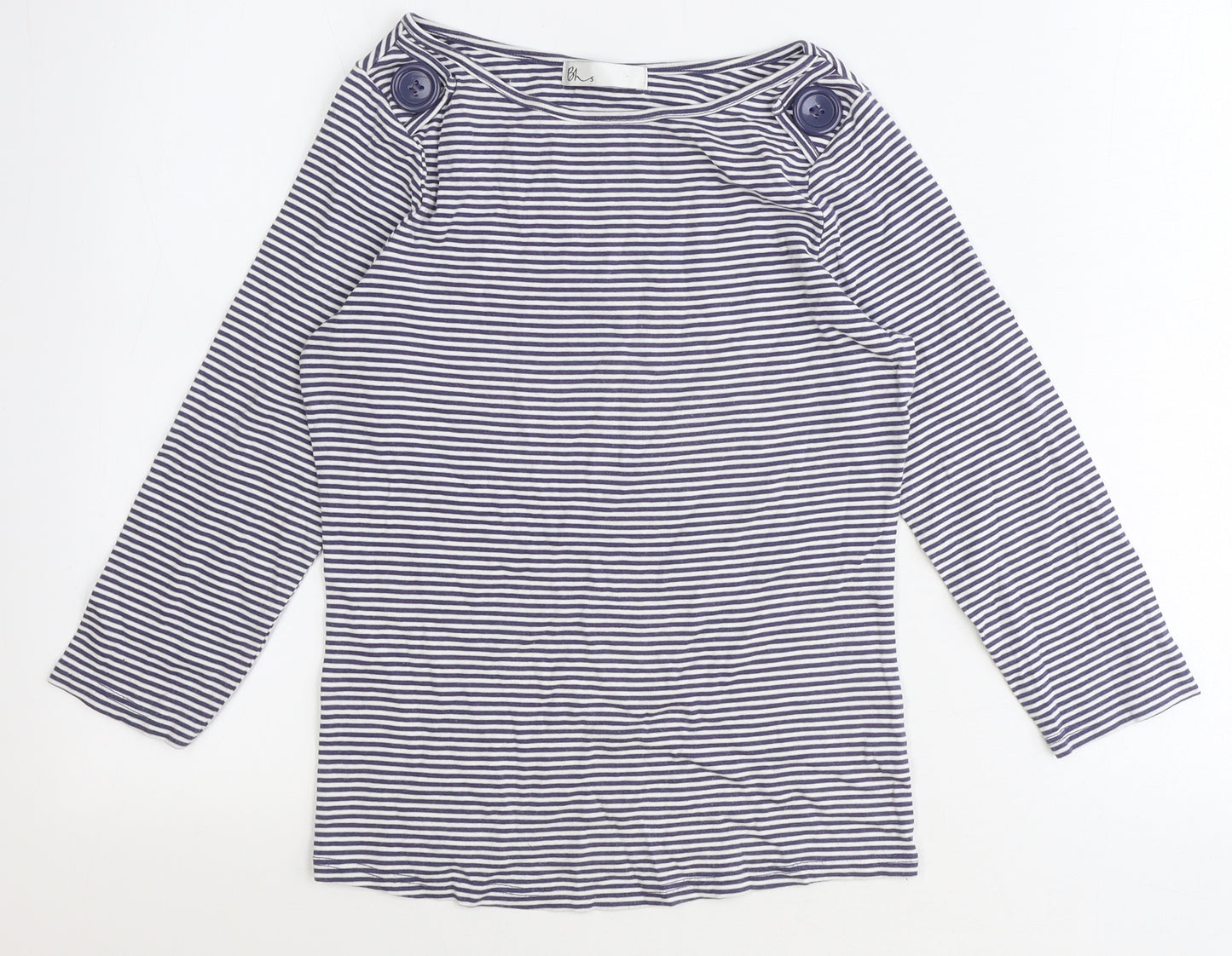 BHS Womens Blue Striped 100% Cotton Basic T-Shirt Size 10 Boat Neck