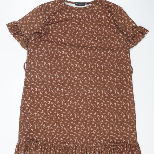 PRETTYLITTLETHING Womens Brown Geometric Polyester A-Line Size 10 Round Neck Pullover