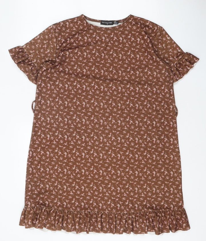 PRETTYLITTLETHING Womens Brown Geometric Polyester A-Line Size 10 Round Neck Pullover