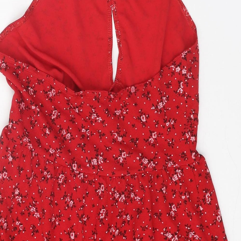 PRETTYLITTLETHING Womens Red Floral Polyester Playsuit One-Piece Size 10 Tie