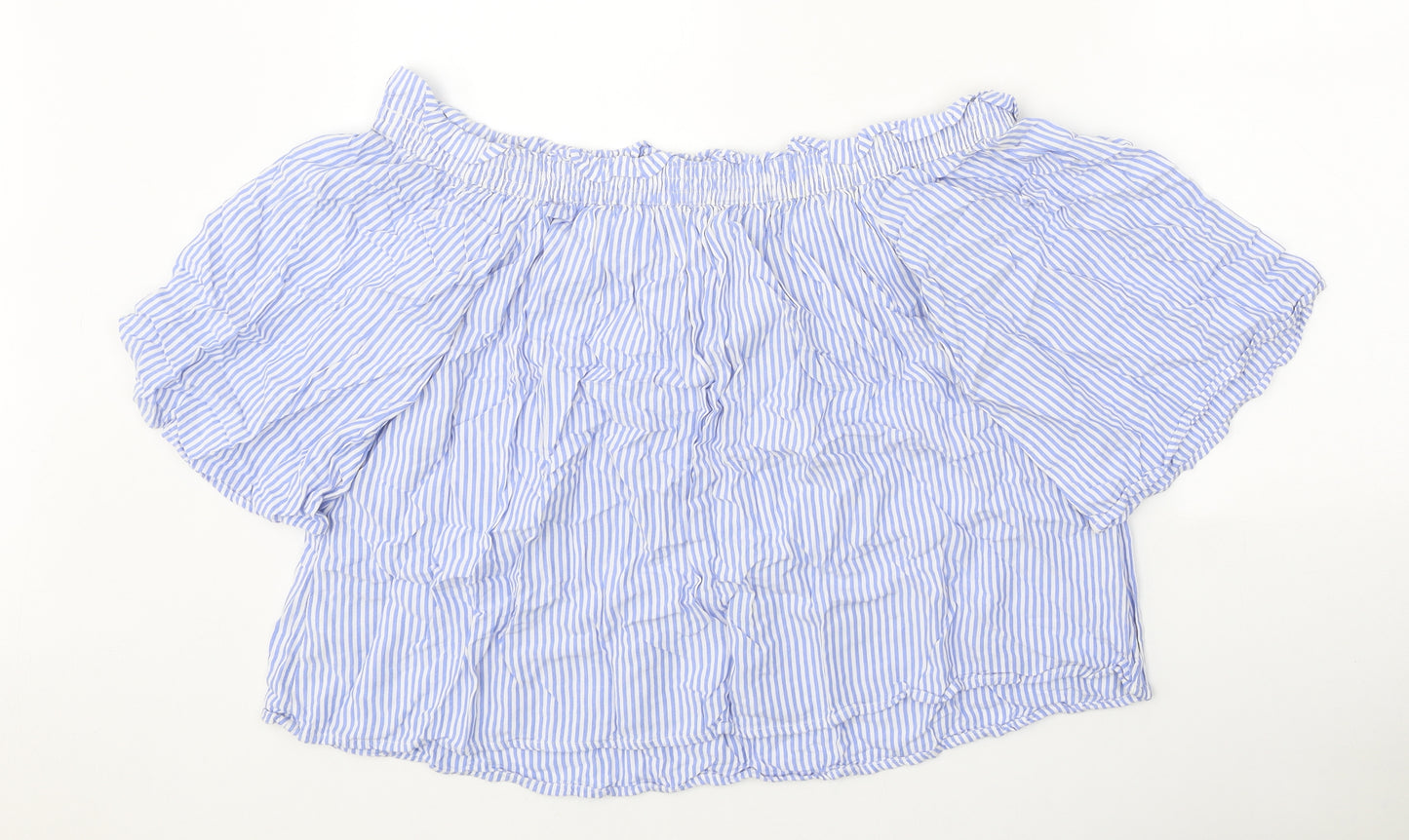 Marks and Spencer Womens Blue Striped Viscose Cropped Blouse Size 14 Off the Shoulder