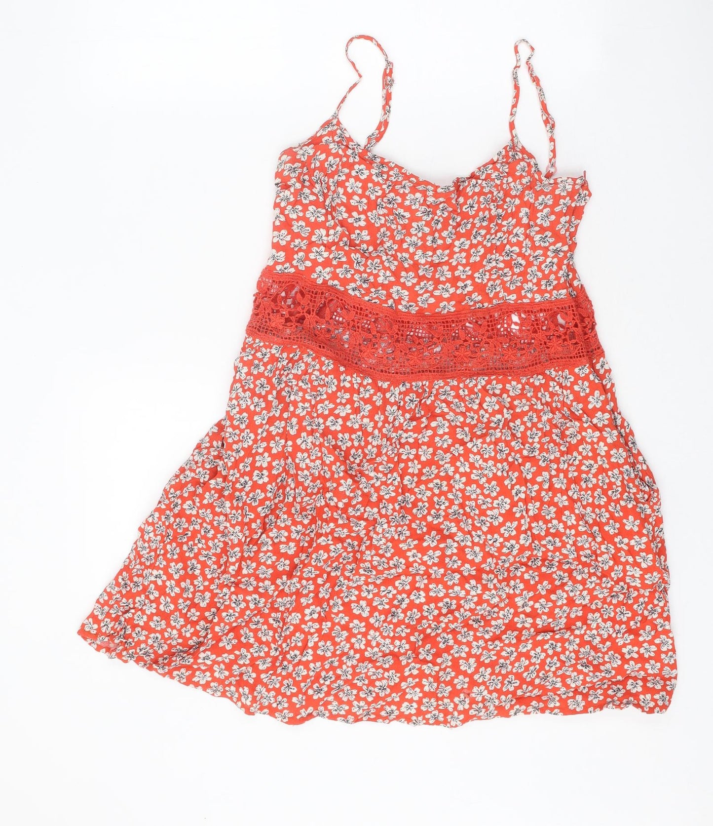 Topshop Womens Red Floral Viscose Slip Dress Size 14 Scoop Neck Zip - Crochet Cut Out Panel