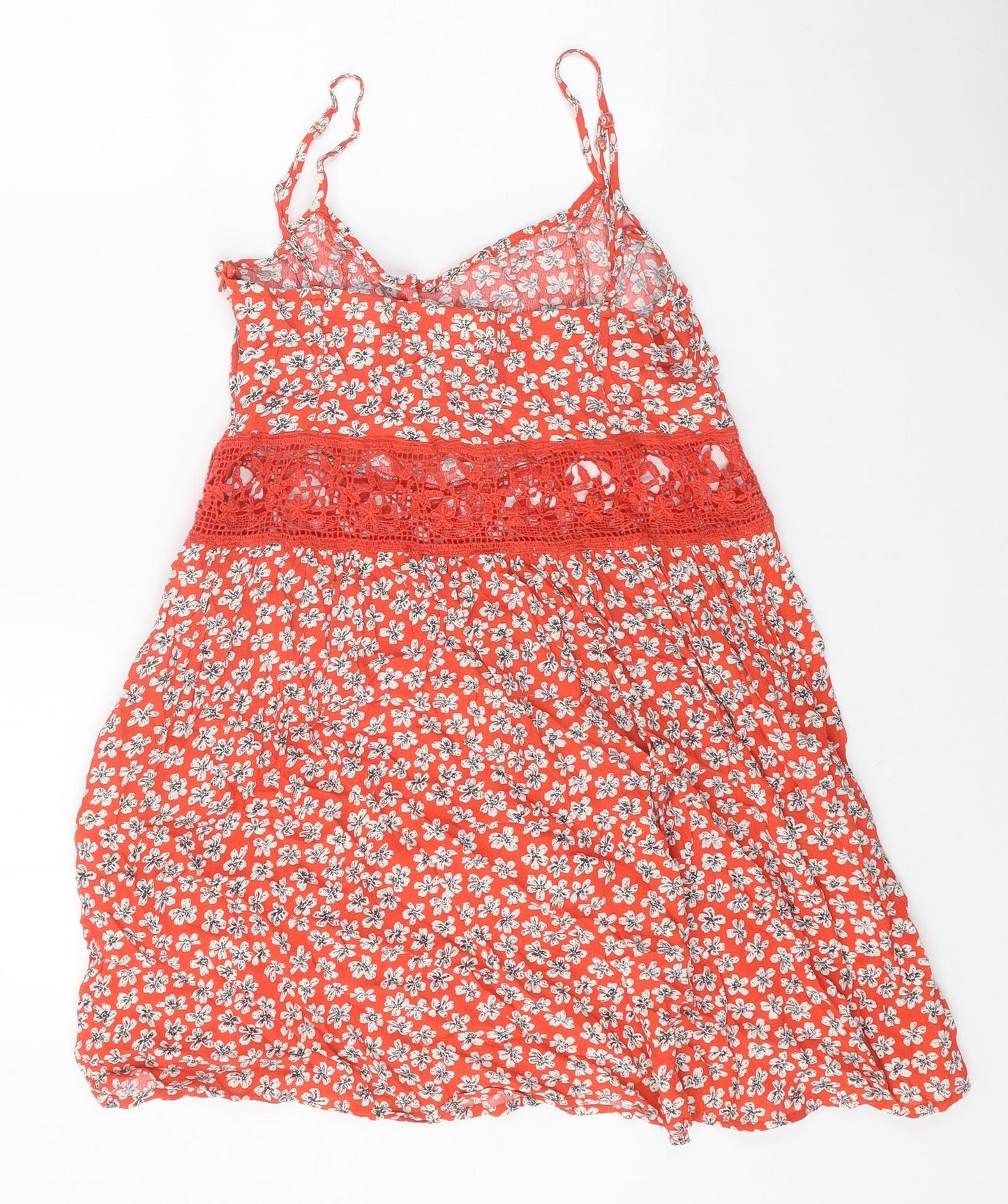 Topshop Womens Red Floral Viscose Slip Dress Size 14 Scoop Neck Zip - Crochet Cut Out Panel