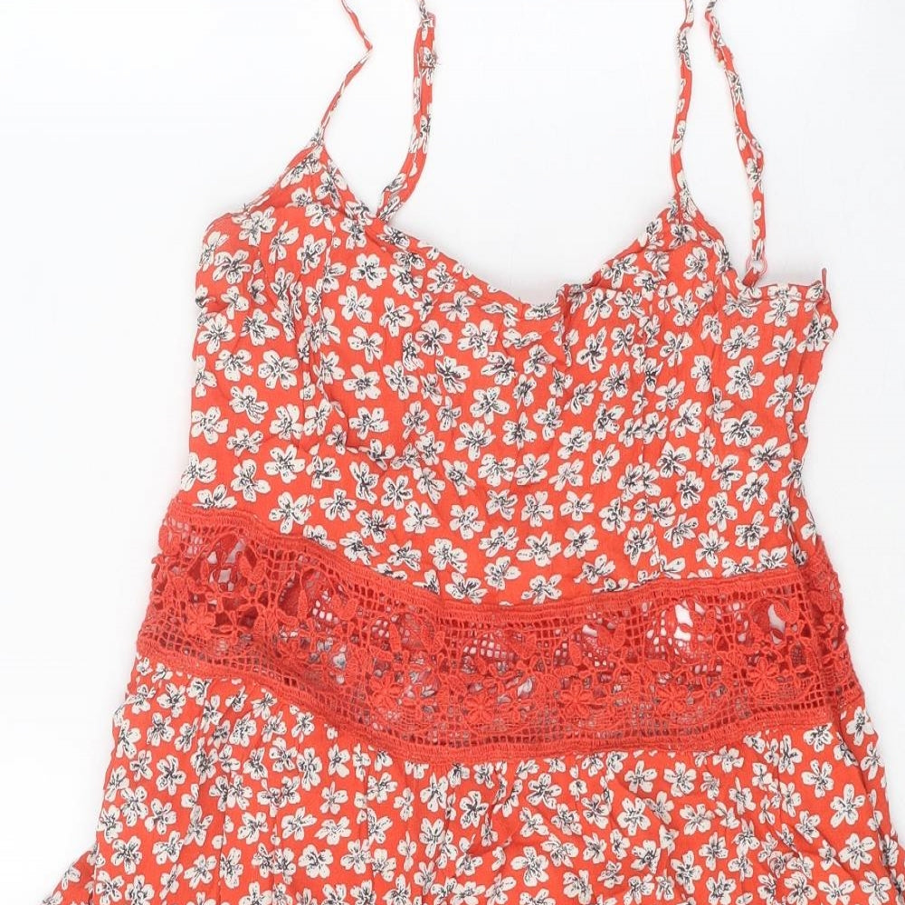 Topshop Womens Red Floral Viscose Slip Dress Size 14 Scoop Neck Zip - Crochet Cut Out Panel
