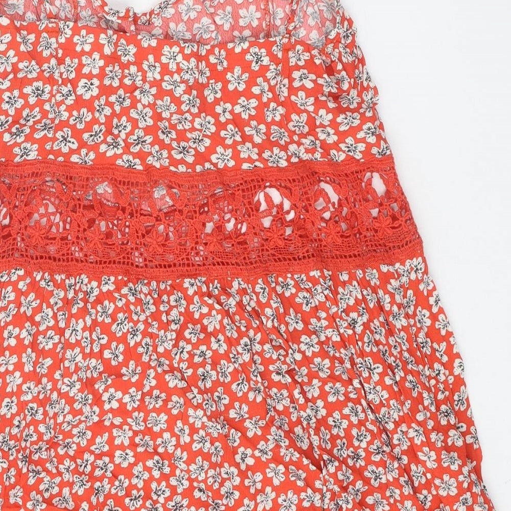 Topshop Womens Red Floral Viscose Slip Dress Size 14 Scoop Neck Zip - Crochet Cut Out Panel