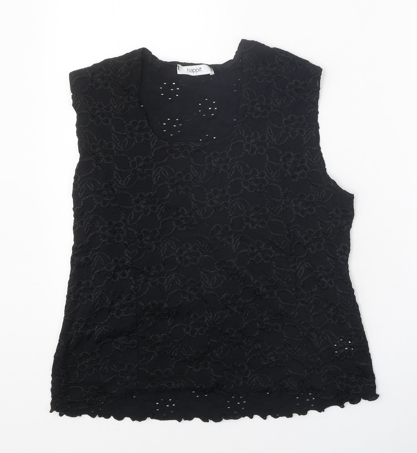 Happit Womens Black Floral Nylon Basic Blouse Size XL Scoop Neck