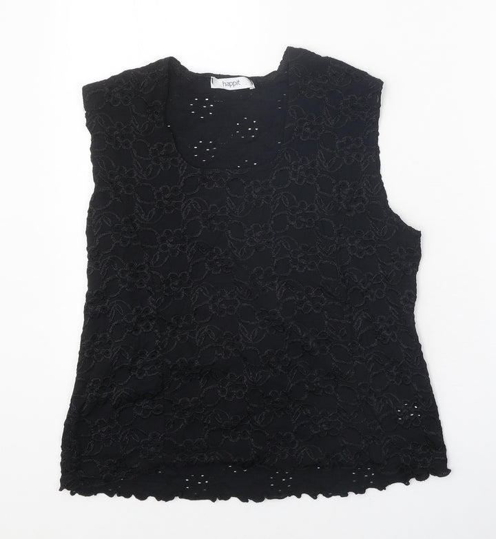 Happit Womens Black Floral Nylon Basic Blouse Size XL Scoop Neck