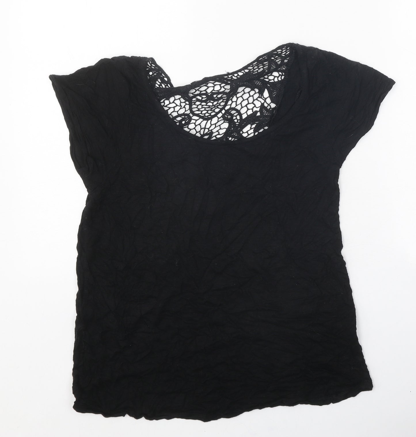 Atmosphere Womens Black Cotton Basic T-Shirt Size 10 Scoop Neck - Lace Detail