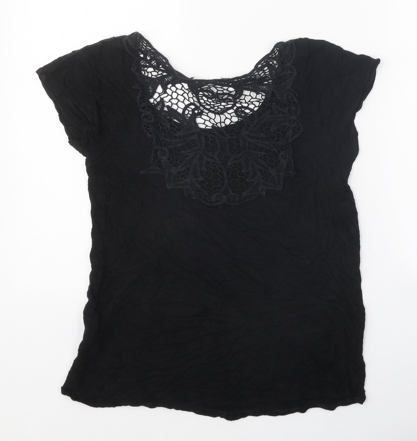 Atmosphere Womens Black Cotton Basic T-Shirt Size 10 Scoop Neck - Lace Detail