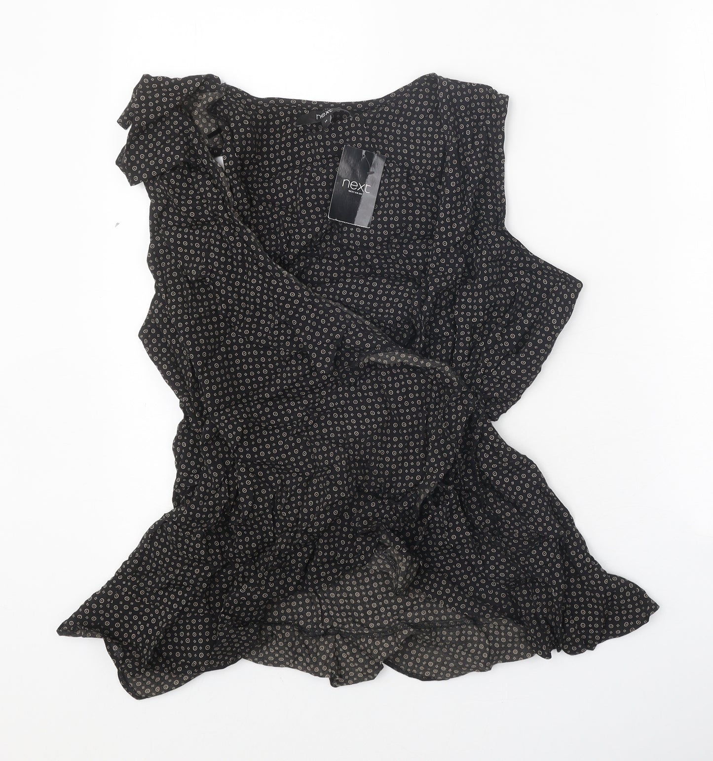 NEXT Womens Black Geometric Viscose Basic Blouse Size 14 V-Neck
