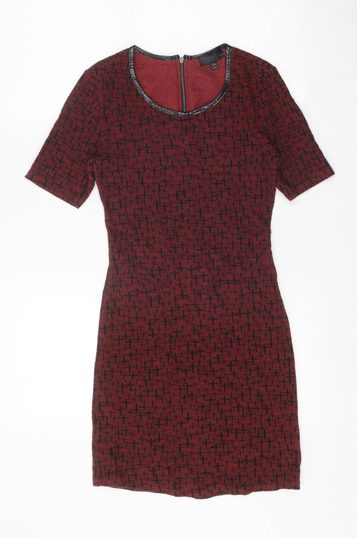 Topshop Womens Red Geometric Cotton Pencil Dress Size 10 Scoop Neck Zip - Cross Print, Leatherette Trim