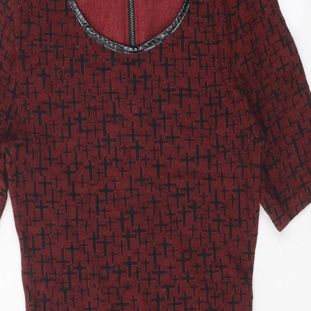 Topshop Womens Red Geometric Cotton Pencil Dress Size 10 Scoop Neck Zip - Cross Print, Leatherette Trim