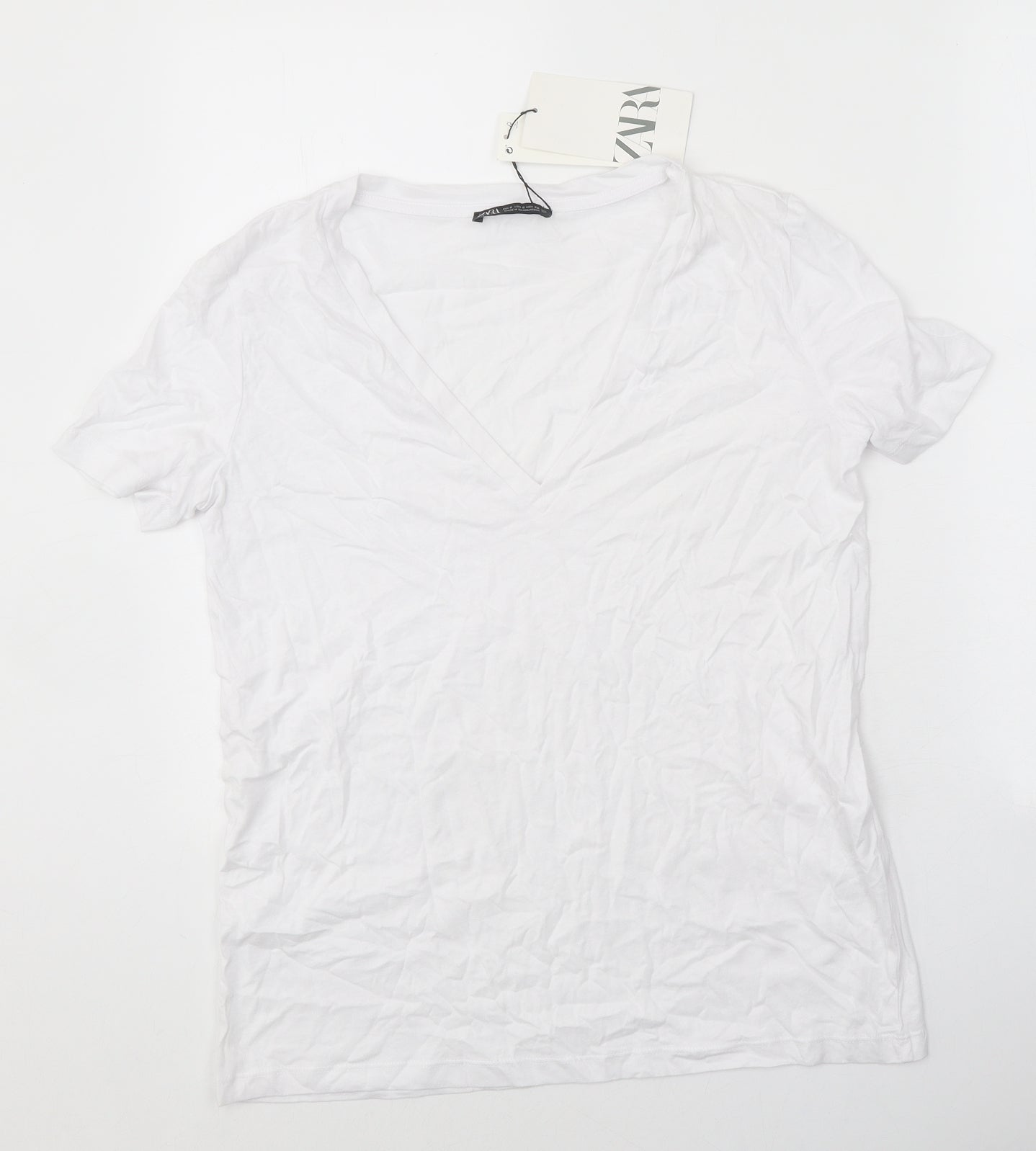 Zara Womens White 100% Cotton Basic T-Shirt Size S V-Neck