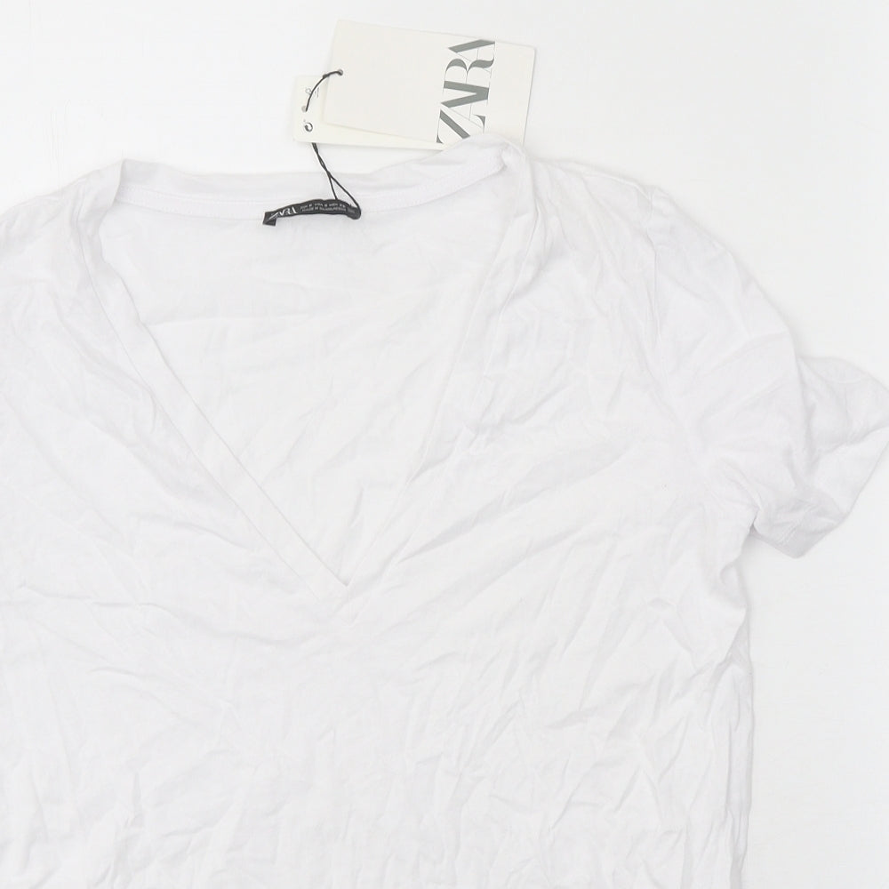 Zara Womens White 100% Cotton Basic T-Shirt Size S V-Neck