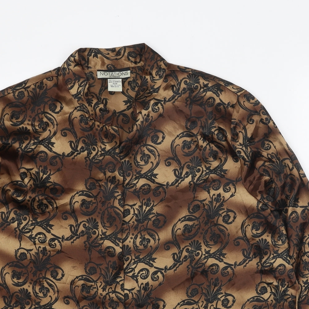 Notations Womens Brown Geometric Polyester Basic Button-Up Size 16 V-Neck