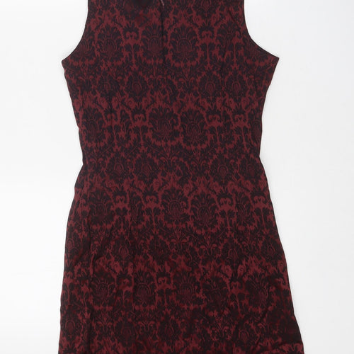 Petites Womens Red Geometric Viscose A-Line Size 10 Square Neck Zip