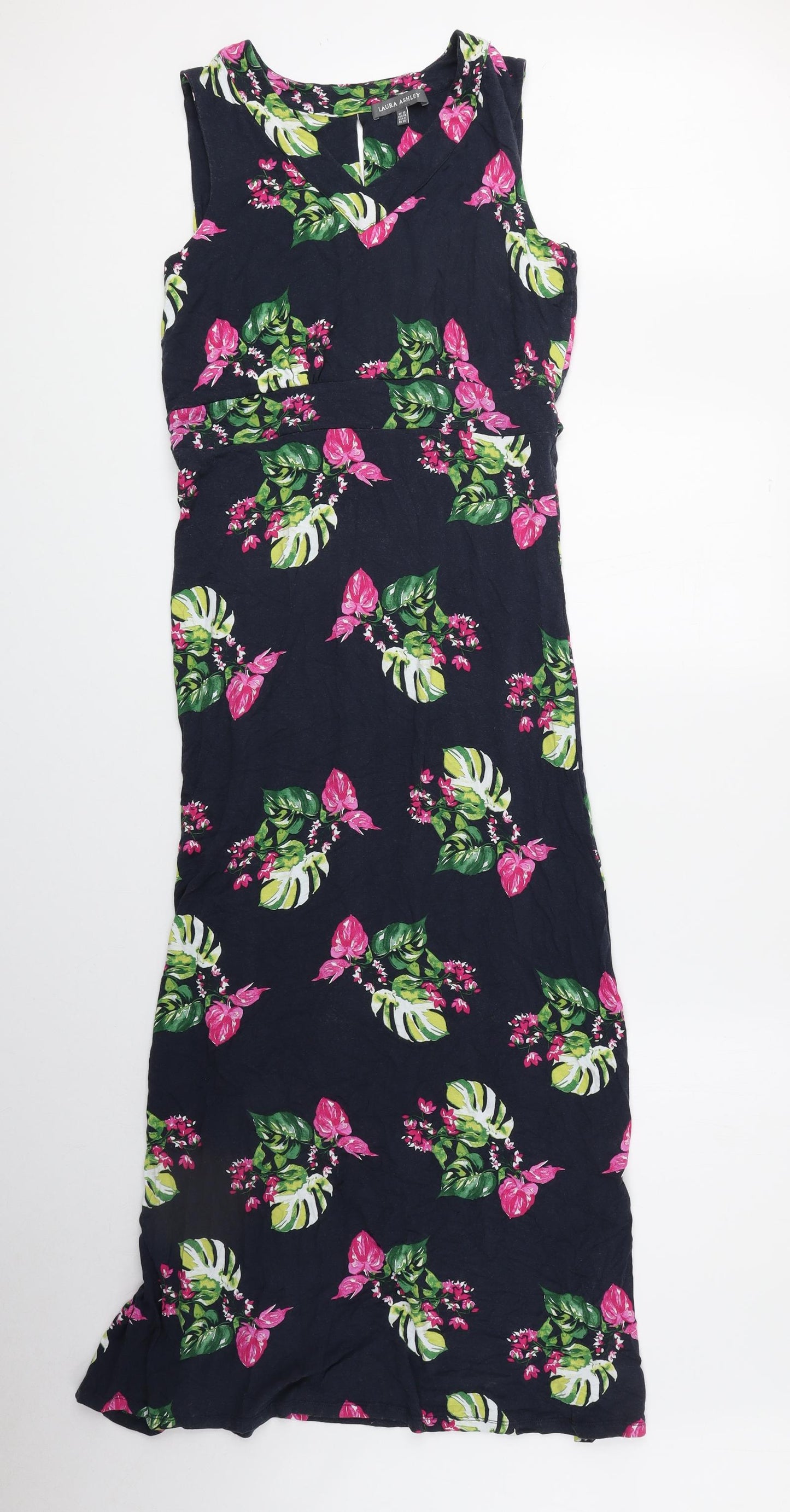 Laura Ashley Womens Black Floral Viscose A-Line Size 10 V-Neck Pullover