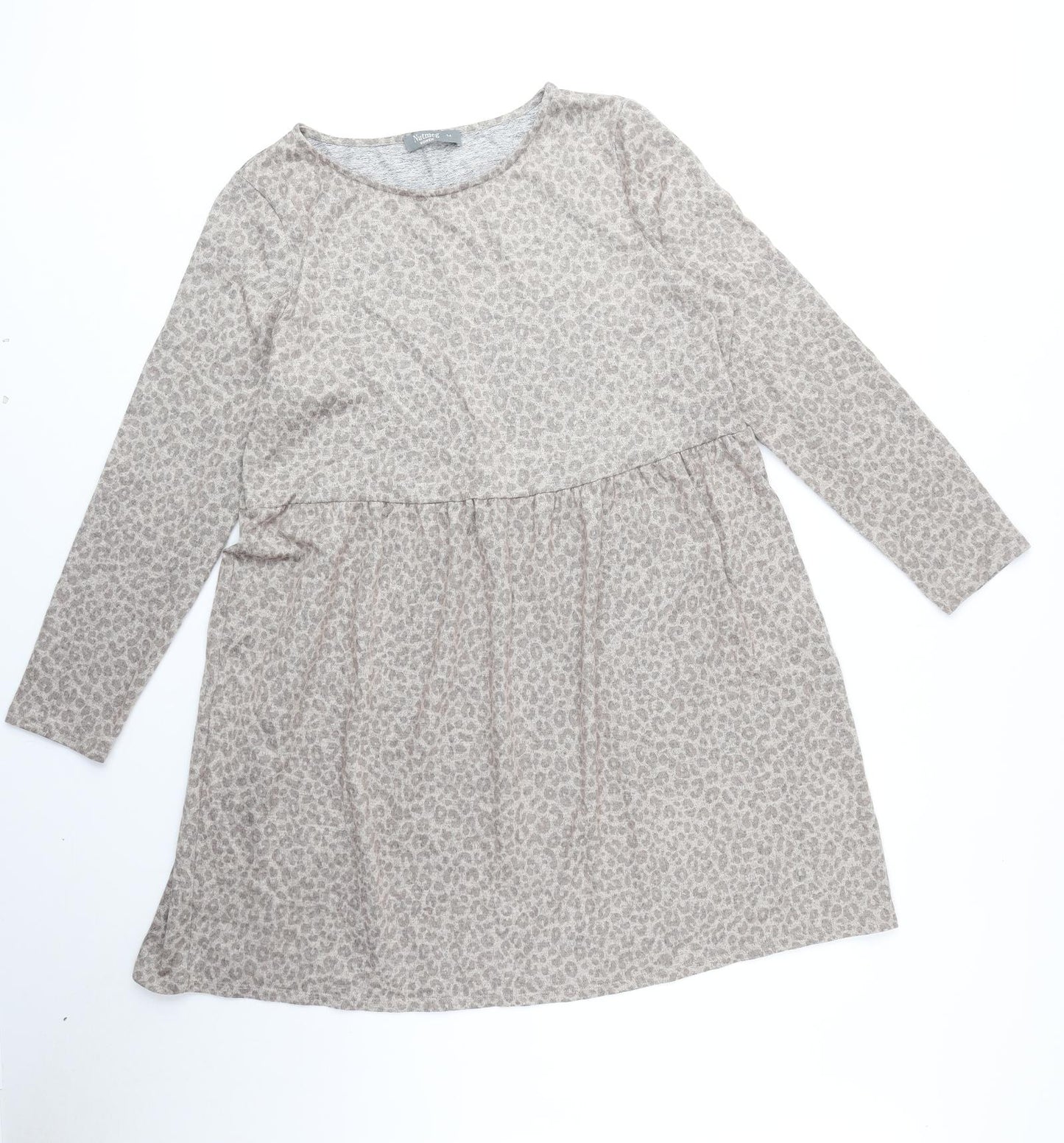 Nutmeg Womens Beige Animal Print Polyester A-Line Size 14 Boat Neck Pullover - Leopard Print