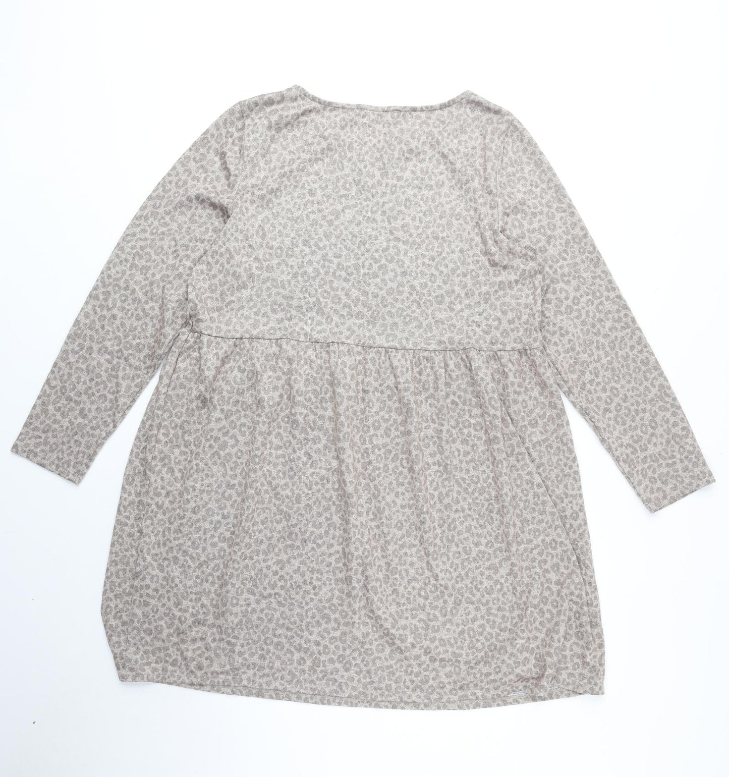 Nutmeg Womens Beige Animal Print Polyester A-Line Size 14 Boat Neck Pullover - Leopard Print