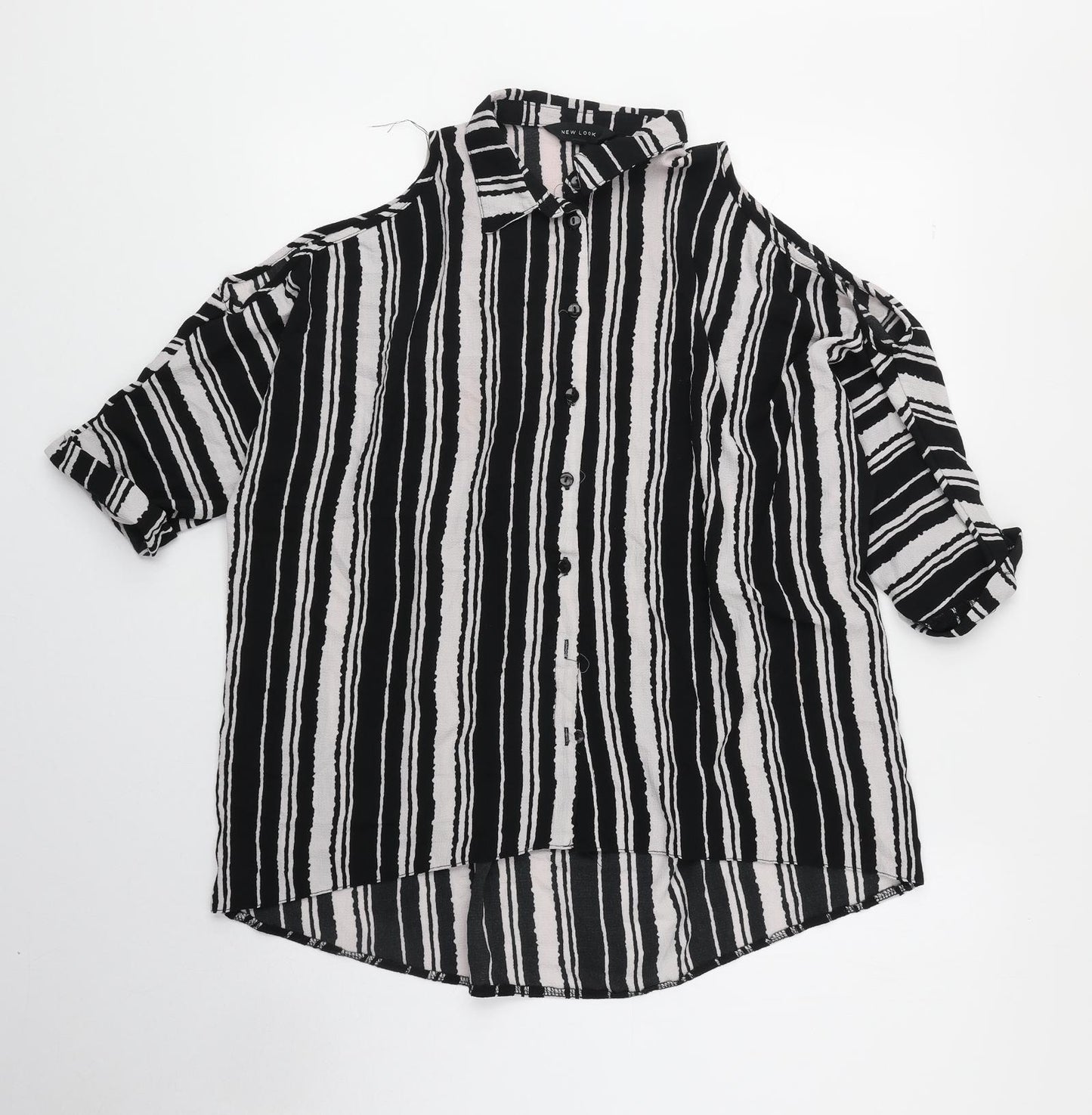 New Look Womens Black Striped Polyester Basic Button-Up Size 8 V-Neck - Cold Shoulder