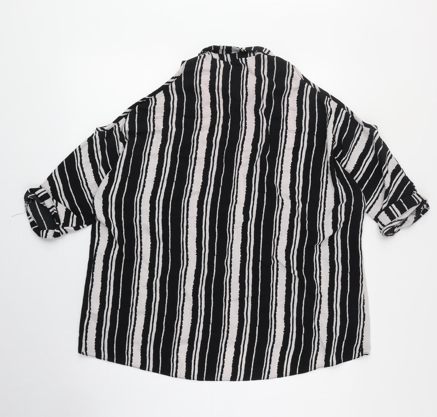 New Look Womens Black Striped Polyester Basic Button-Up Size 8 V-Neck - Cold Shoulder