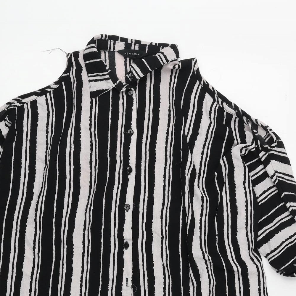 New Look Womens Black Striped Polyester Basic Button-Up Size 8 V-Neck - Cold Shoulder