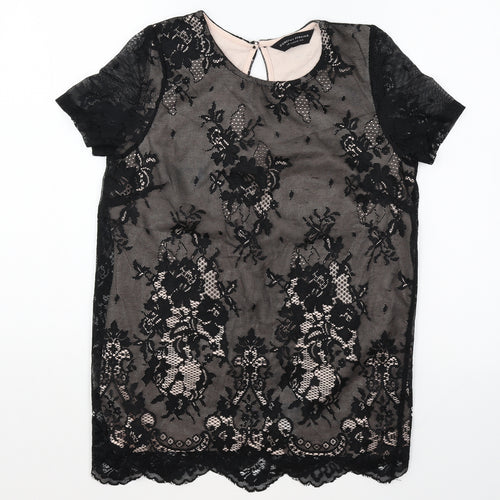 NEXT Womens Black Floral Polyester Basic T-Shirt Size 10 Round Neck - Lace Overlay