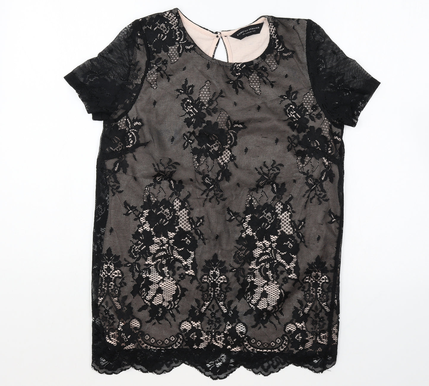 NEXT Womens Black Floral Polyester Basic T-Shirt Size 10 Round Neck - Lace Overlay