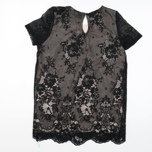 NEXT Womens Black Floral Polyester Basic T-Shirt Size 10 Round Neck - Lace Overlay