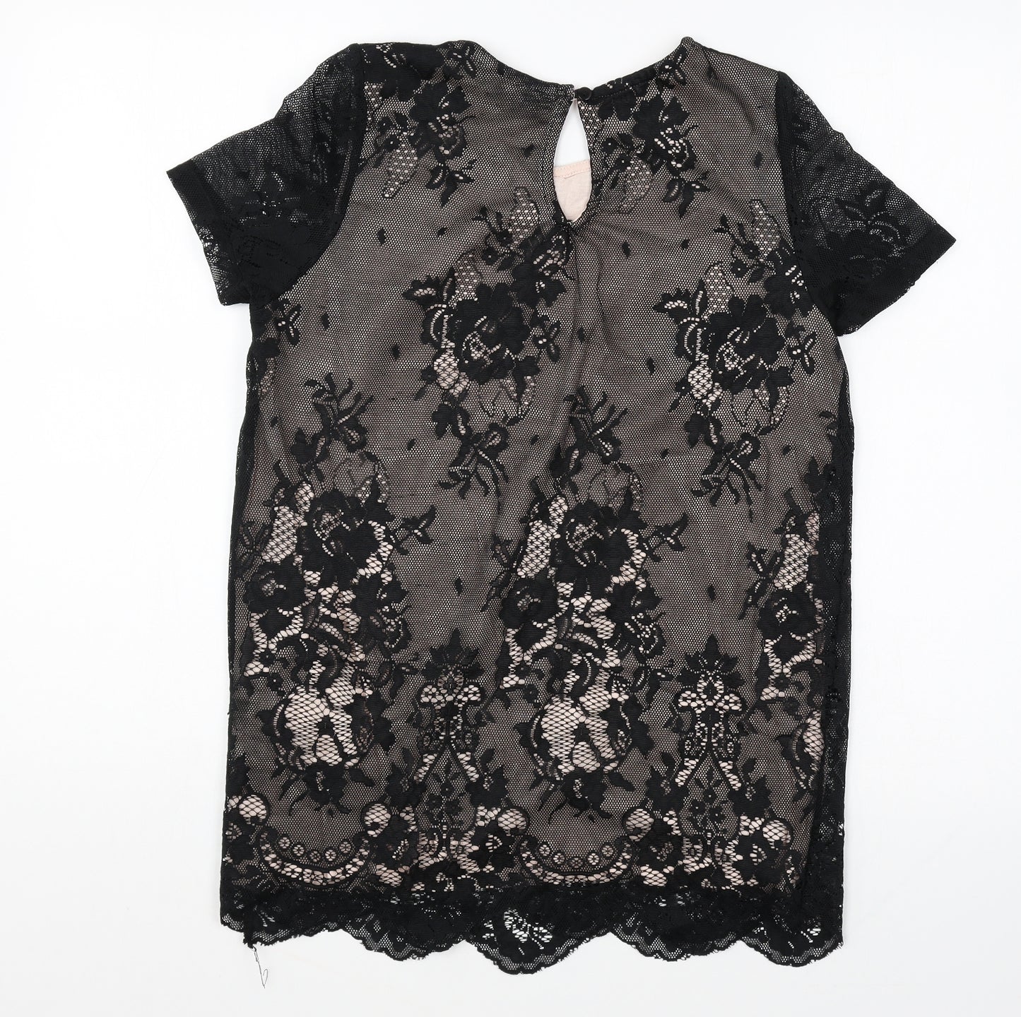 NEXT Womens Black Floral Polyester Basic T-Shirt Size 10 Round Neck - Lace Overlay
