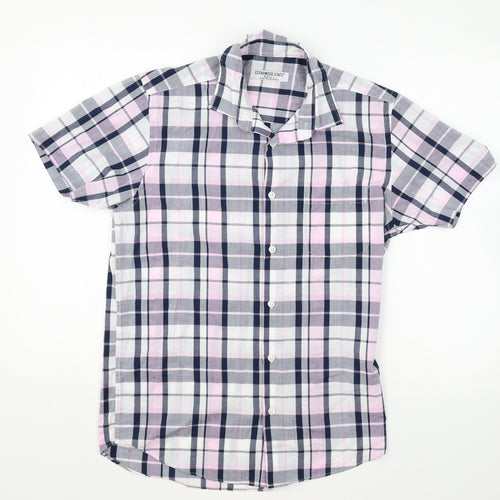 Cedar Wood State Mens White Plaid Polyester Button-Up Size S Collared Button