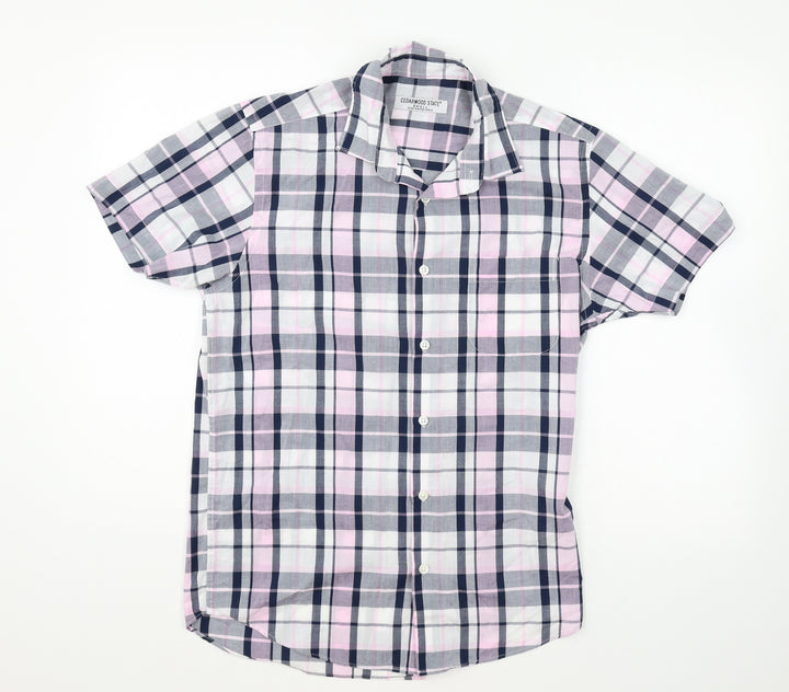 Cedar Wood State Mens White Plaid Polyester Button-Up Size S Collared Button