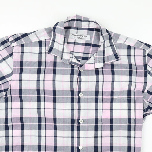 Cedar Wood State Mens White Plaid Polyester Button-Up Size S Collared Button