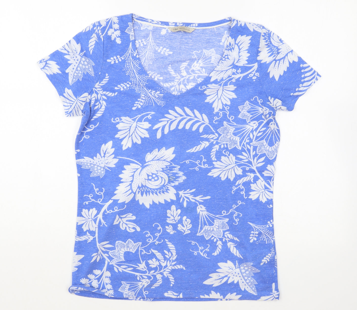 Marks and Spencer Womens Blue Floral Cotton Basic T-Shirt Size 10 V-Neck