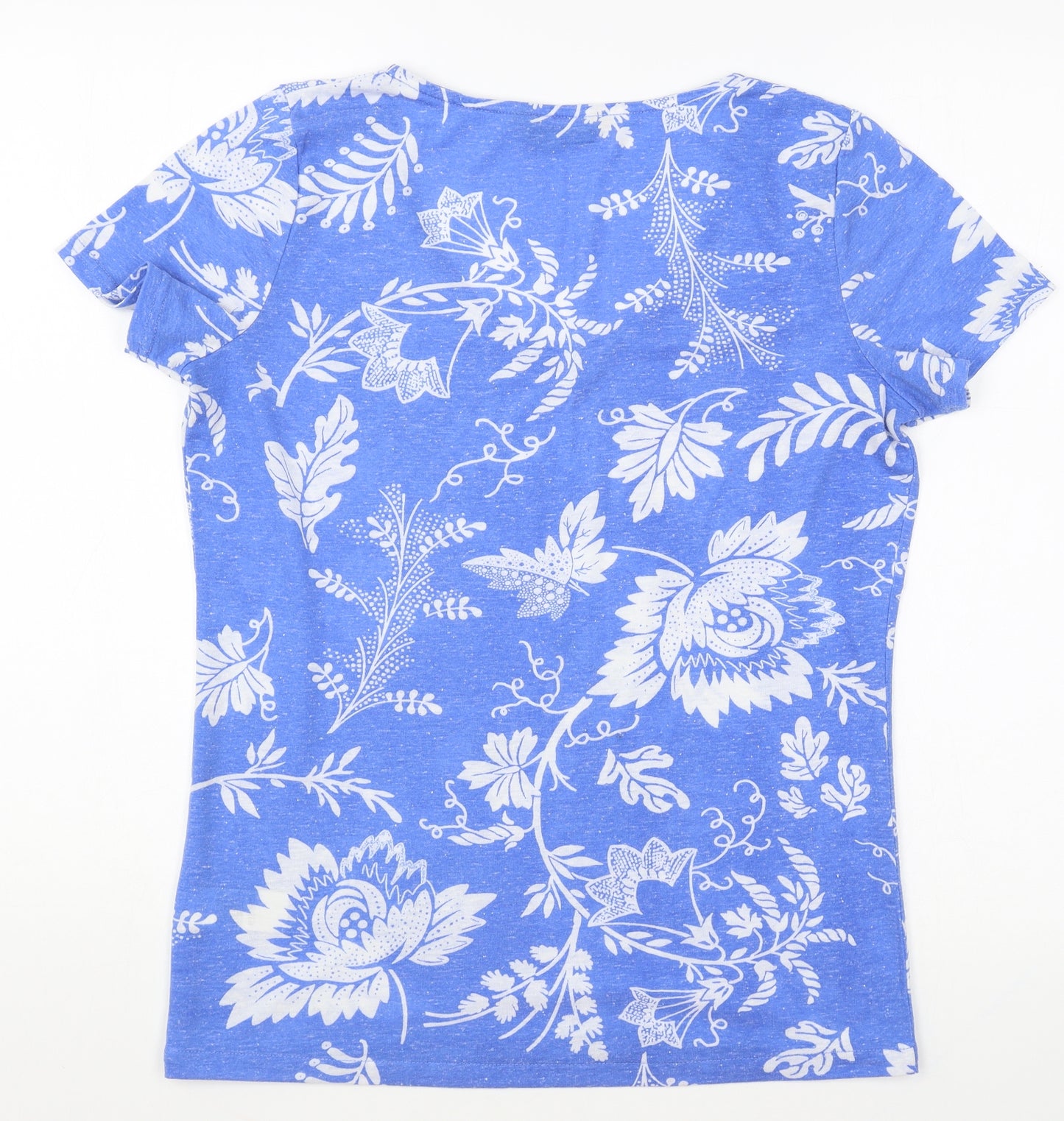 Marks and Spencer Womens Blue Floral Cotton Basic T-Shirt Size 10 V-Neck