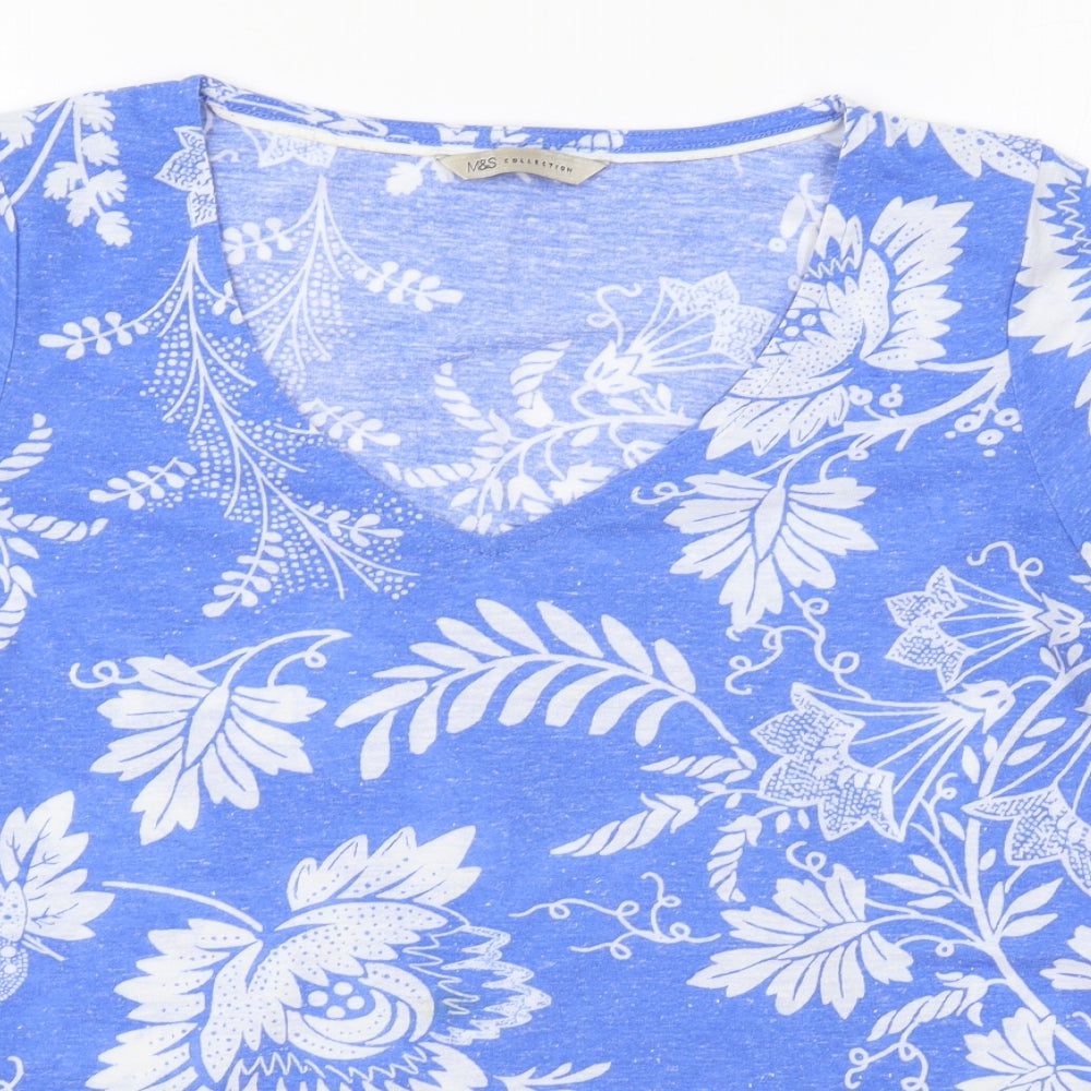 Marks and Spencer Womens Blue Floral Cotton Basic T-Shirt Size 10 V-Neck