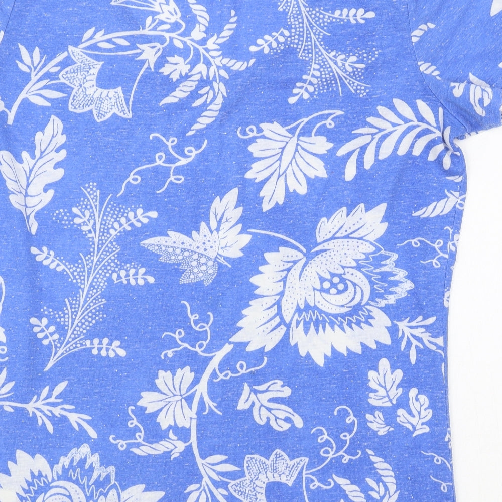 Marks and Spencer Womens Blue Floral Cotton Basic T-Shirt Size 10 V-Neck