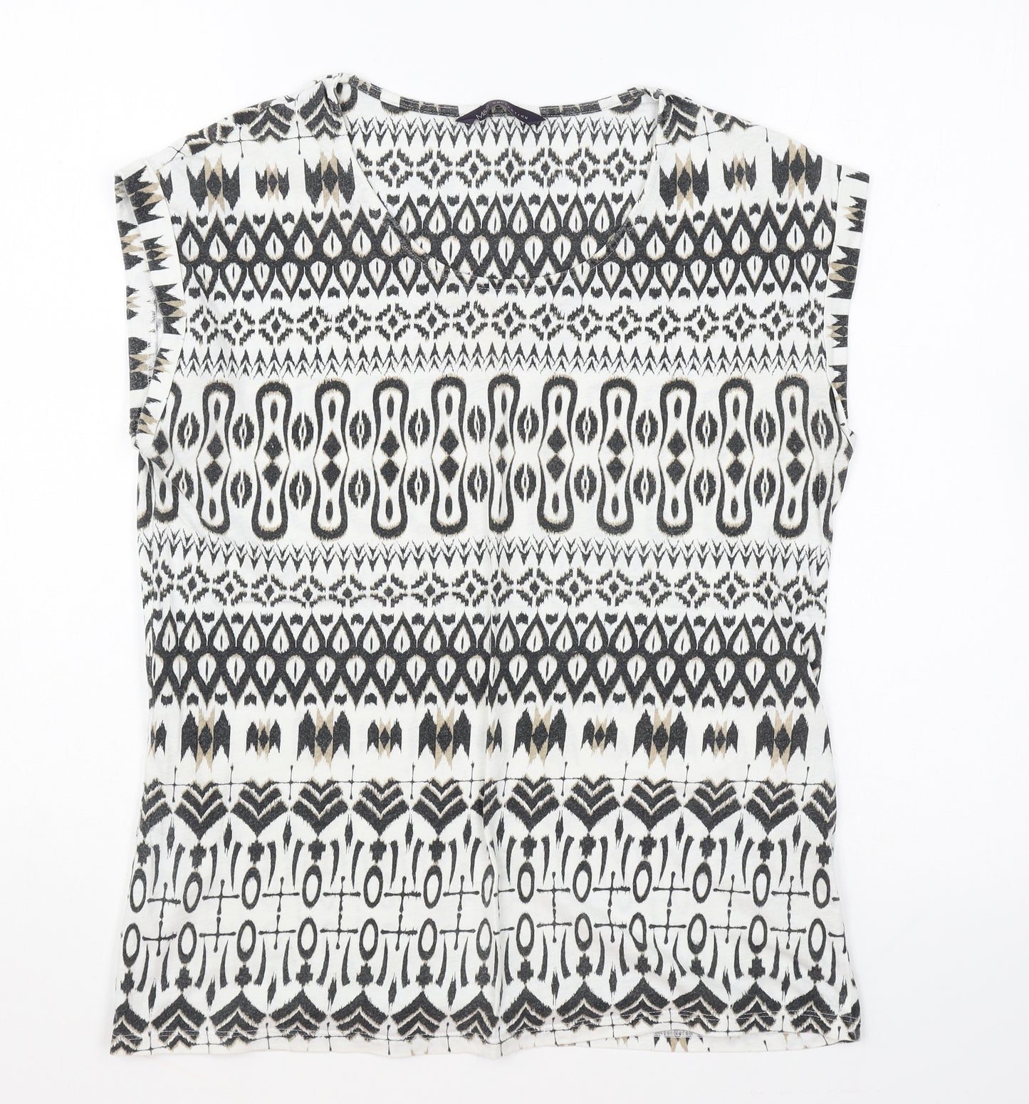 Marks and Spencer Womens White Geometric Cotton Basic T-Shirt Size 10 Round Neck