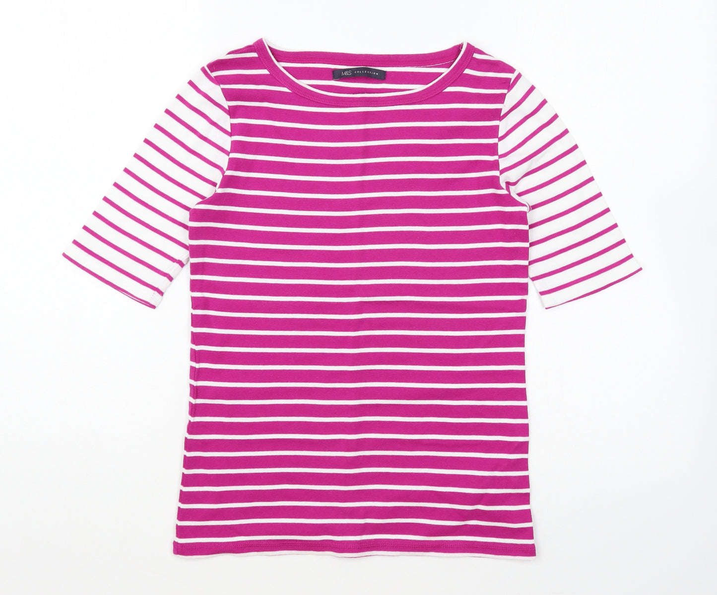 Marks and Spencer Womens Pink Striped Cotton Basic T-Shirt Size 12 Round Neck
